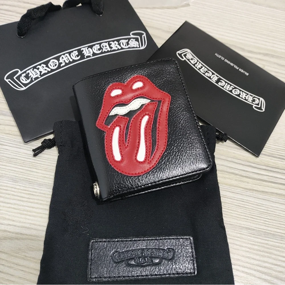 Chrome Hearts Black Leather Money Clip with Red Tongue Patch